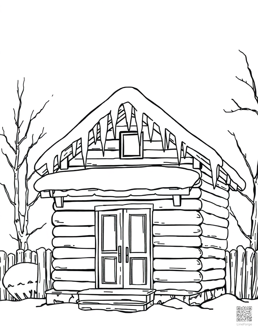 winter cabin with icicles on the roof coloring page Manga style - free printable