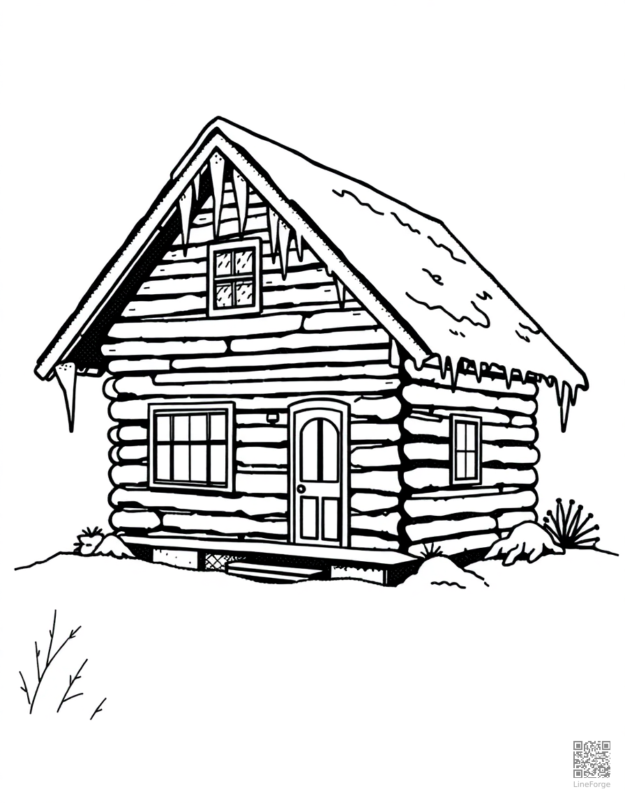 winter cabin with icicles on the roof coloring page Stipple style - free printable