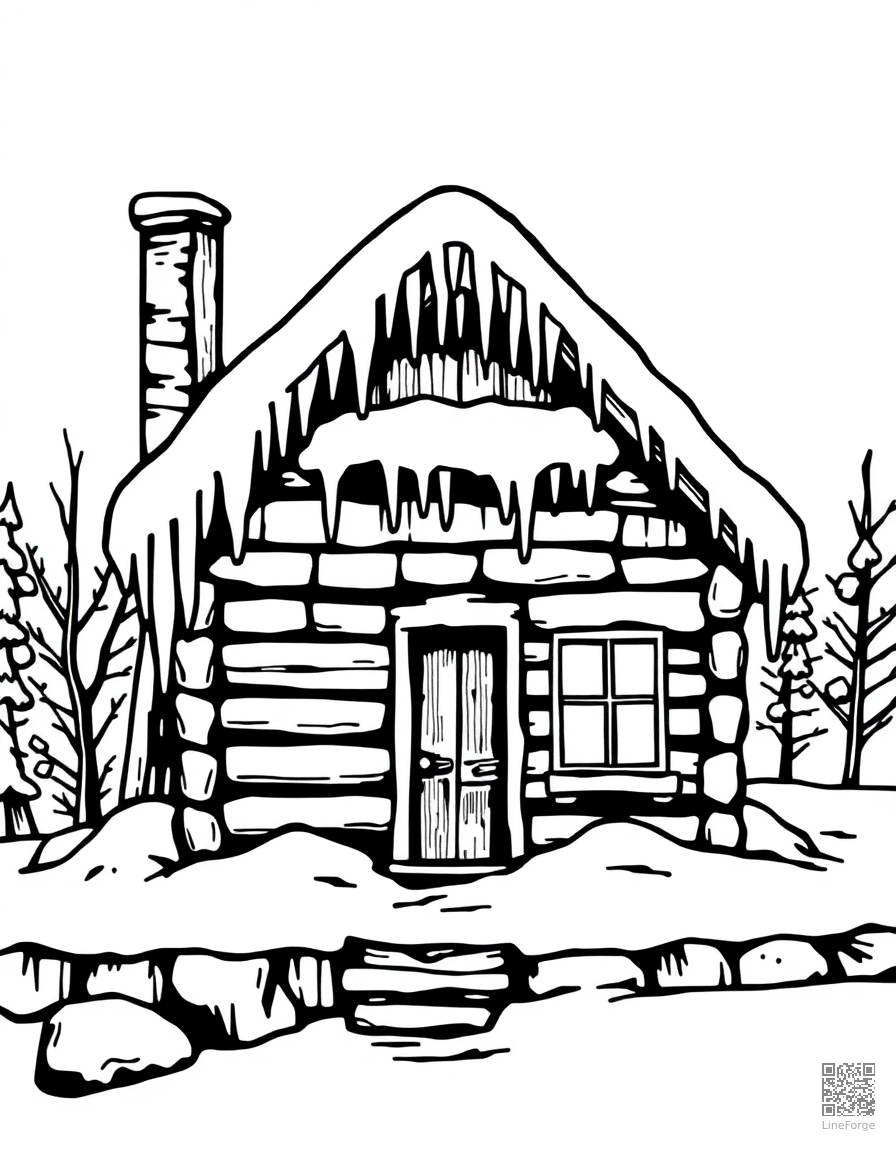 winter cabin with icicles on the roof coloring page Woodcut style - free printable