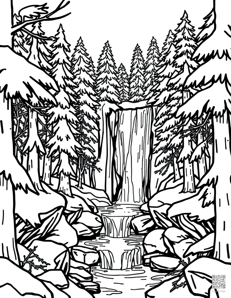 winter forest with frozen waterfall coloring page Contour style - free printable