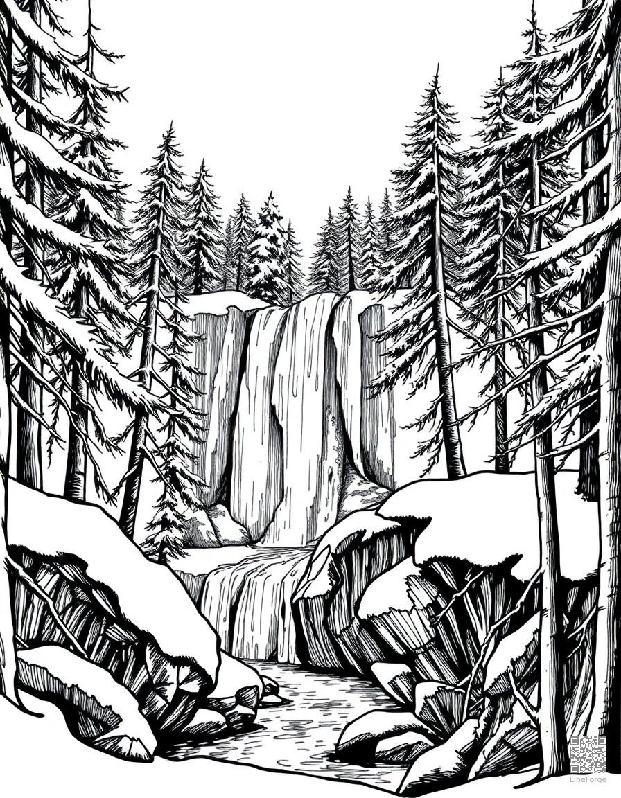 winter forest with frozen waterfall coloring page Crosshatch style - free printable