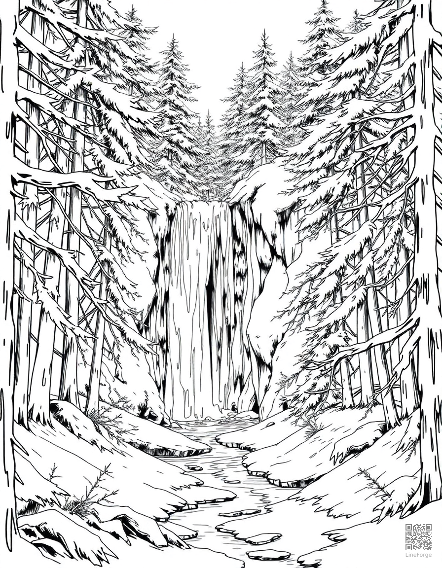 winter forest with frozen waterfall coloring page Manga style - free printable