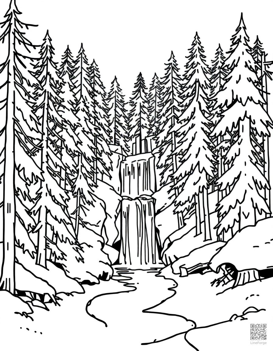 winter forest with frozen waterfall coloring page Minimal style - free printable