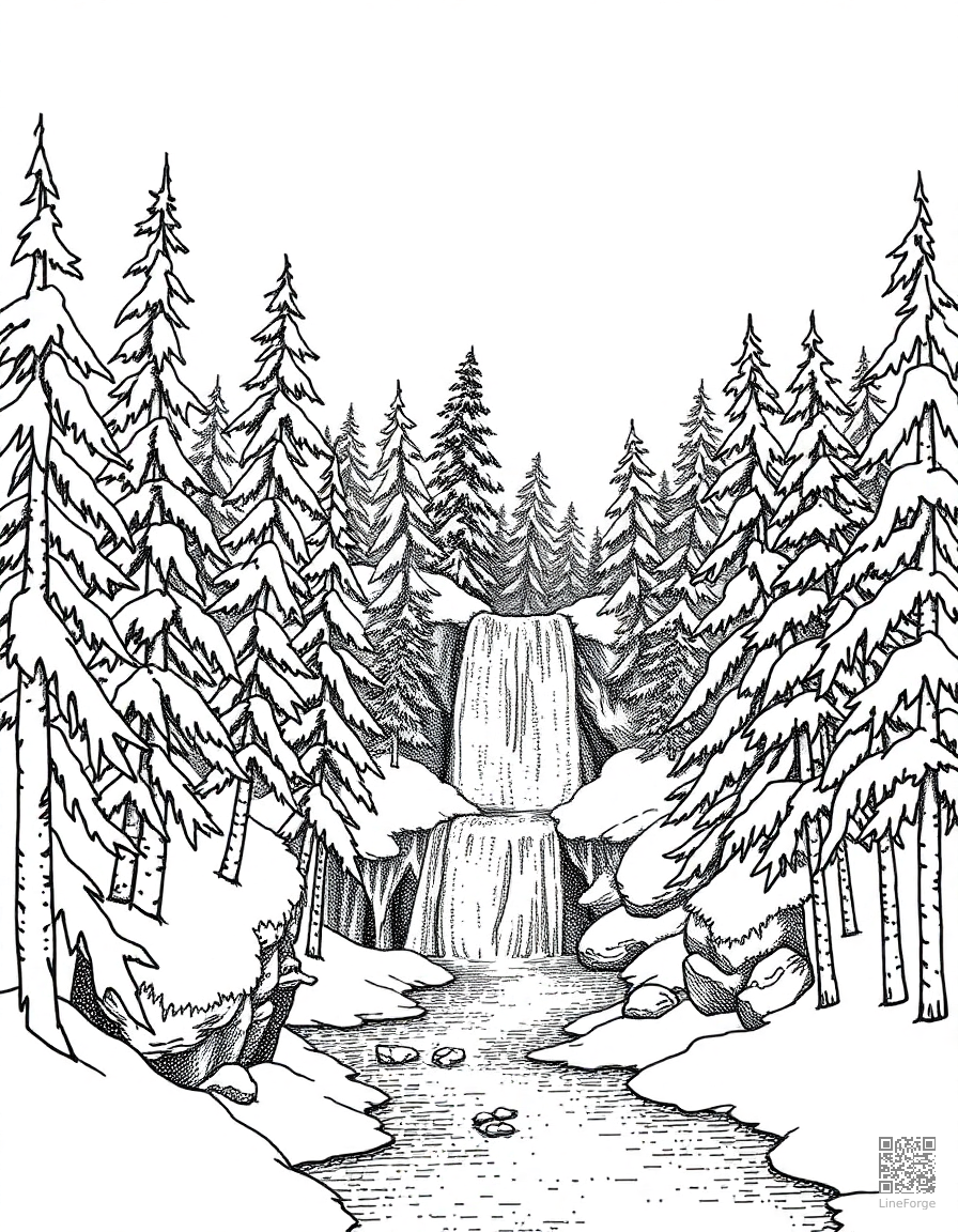 winter forest with frozen waterfall coloring page Stipple style - free printable