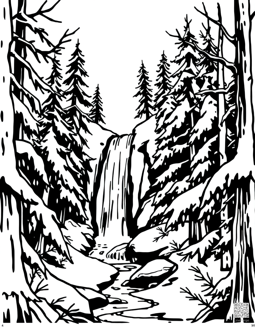 winter forest with frozen waterfall coloring page Woodcut style - free printable