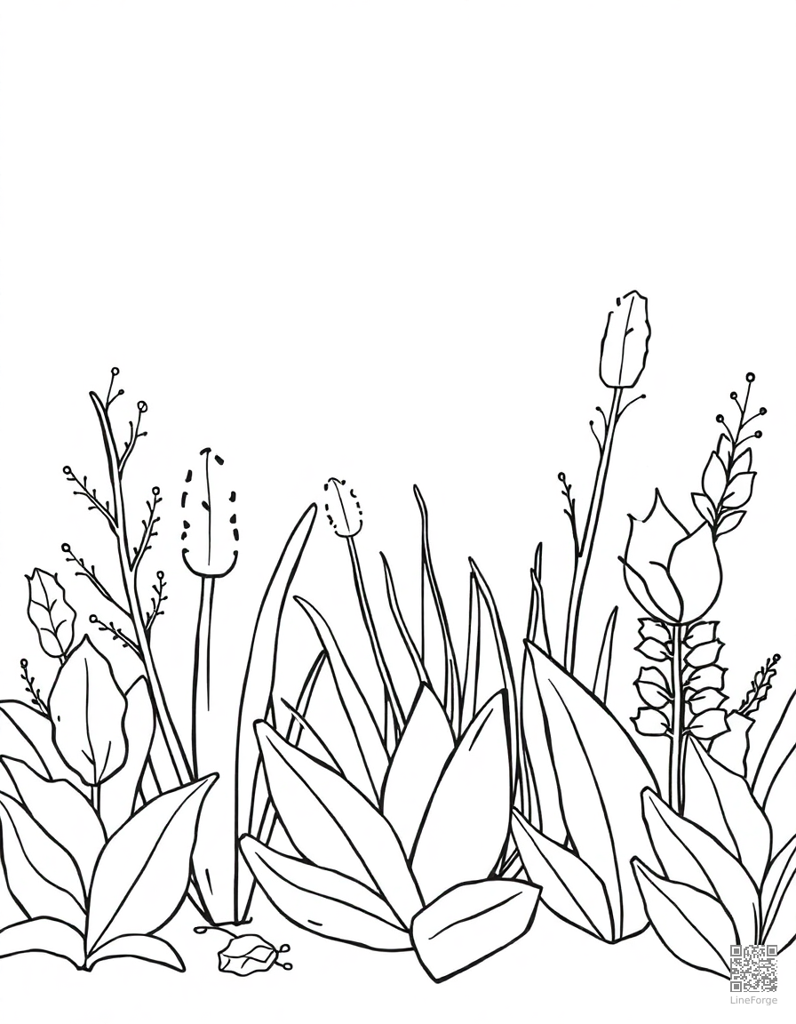 winter garden with frosted plants coloring page Contour style - free printable
