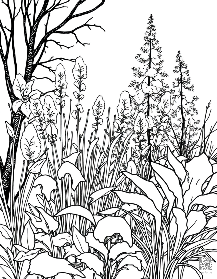 winter garden with frosted plants coloring page Crosshatch style - free printable