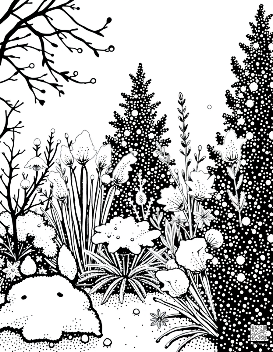 winter garden with frosted plants coloring page Stipple style - free printable