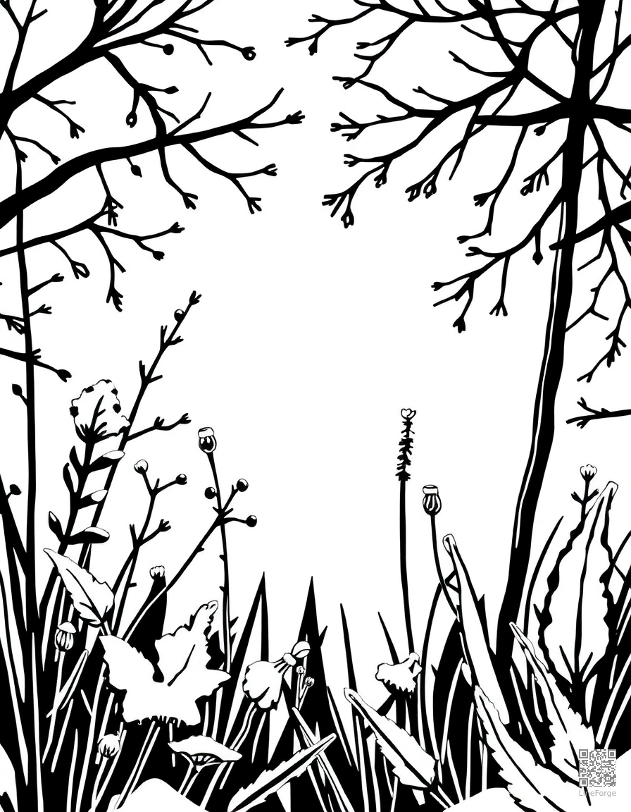 winter garden with frosted plants coloring page Woodcut style - free printable