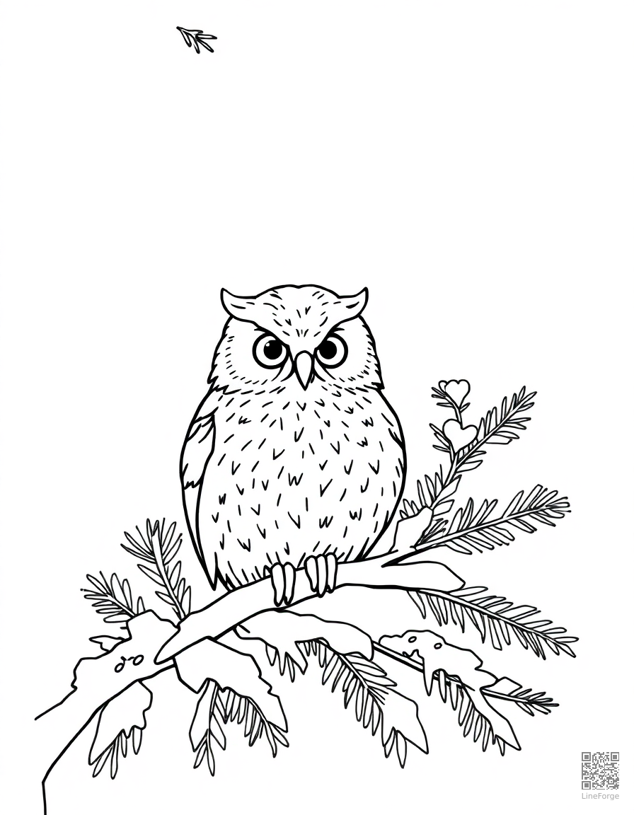 Free winter owl in a snowy pine tree coloring page in contour style — printable line art