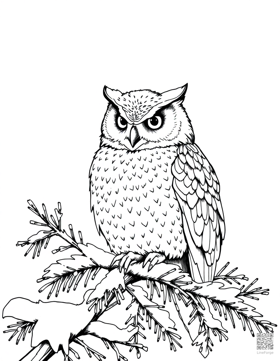 Free winter owl in a snowy pine tree coloring page in crosshatch style — printable line art
