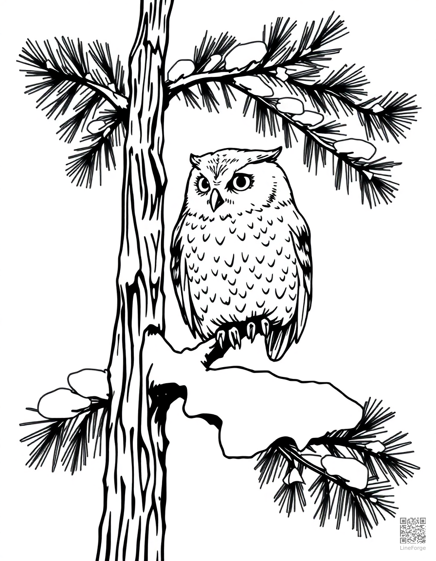 Free winter owl in a snowy pine tree coloring page in manga style — printable line art