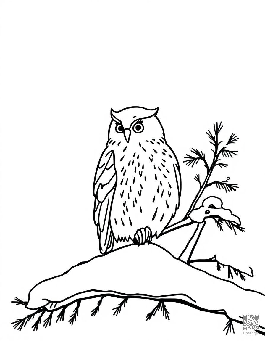 Free winter owl in a snowy pine tree coloring page in minimal style — printable line art