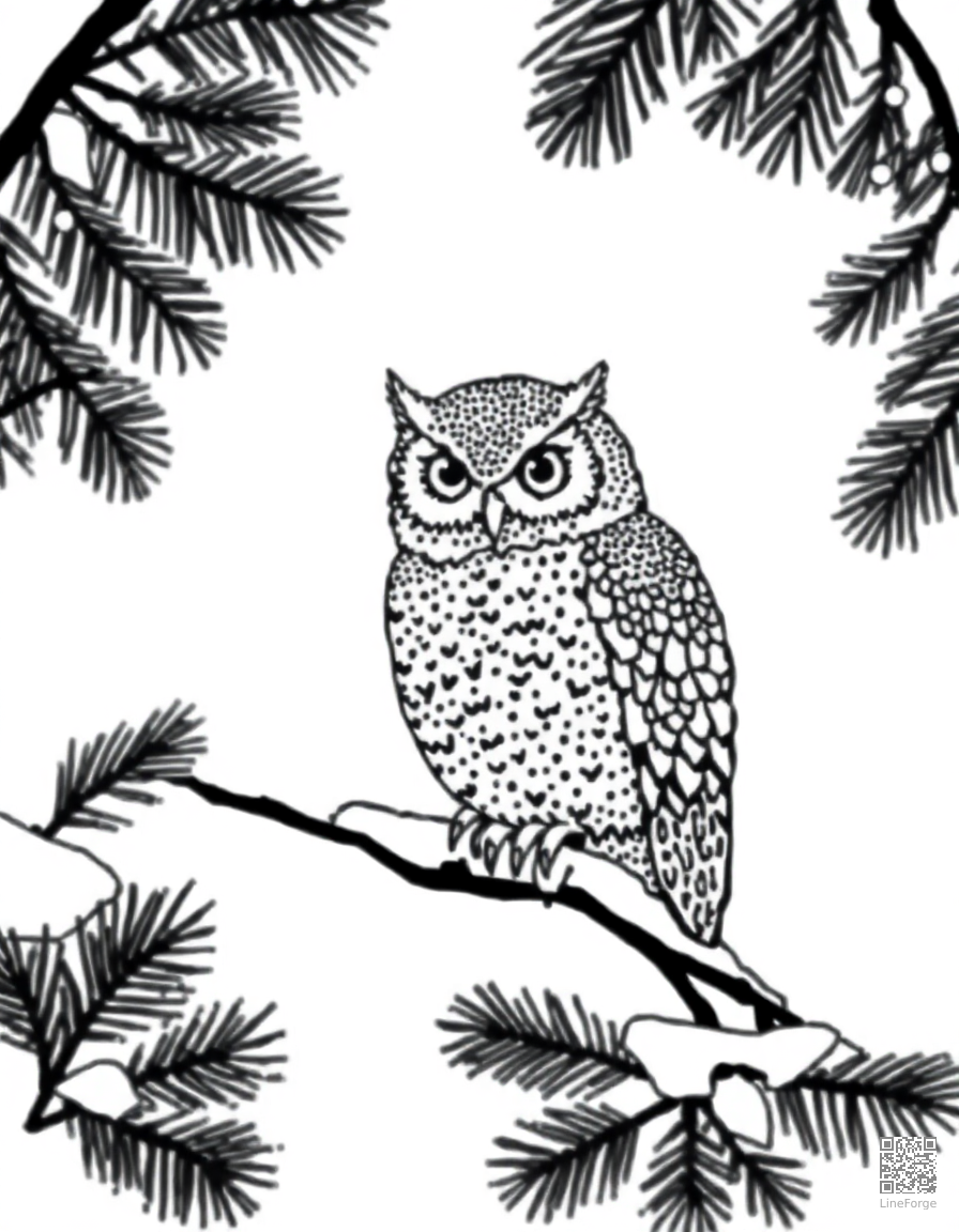 Free winter owl in a snowy pine tree coloring page in stipple style — printable line art