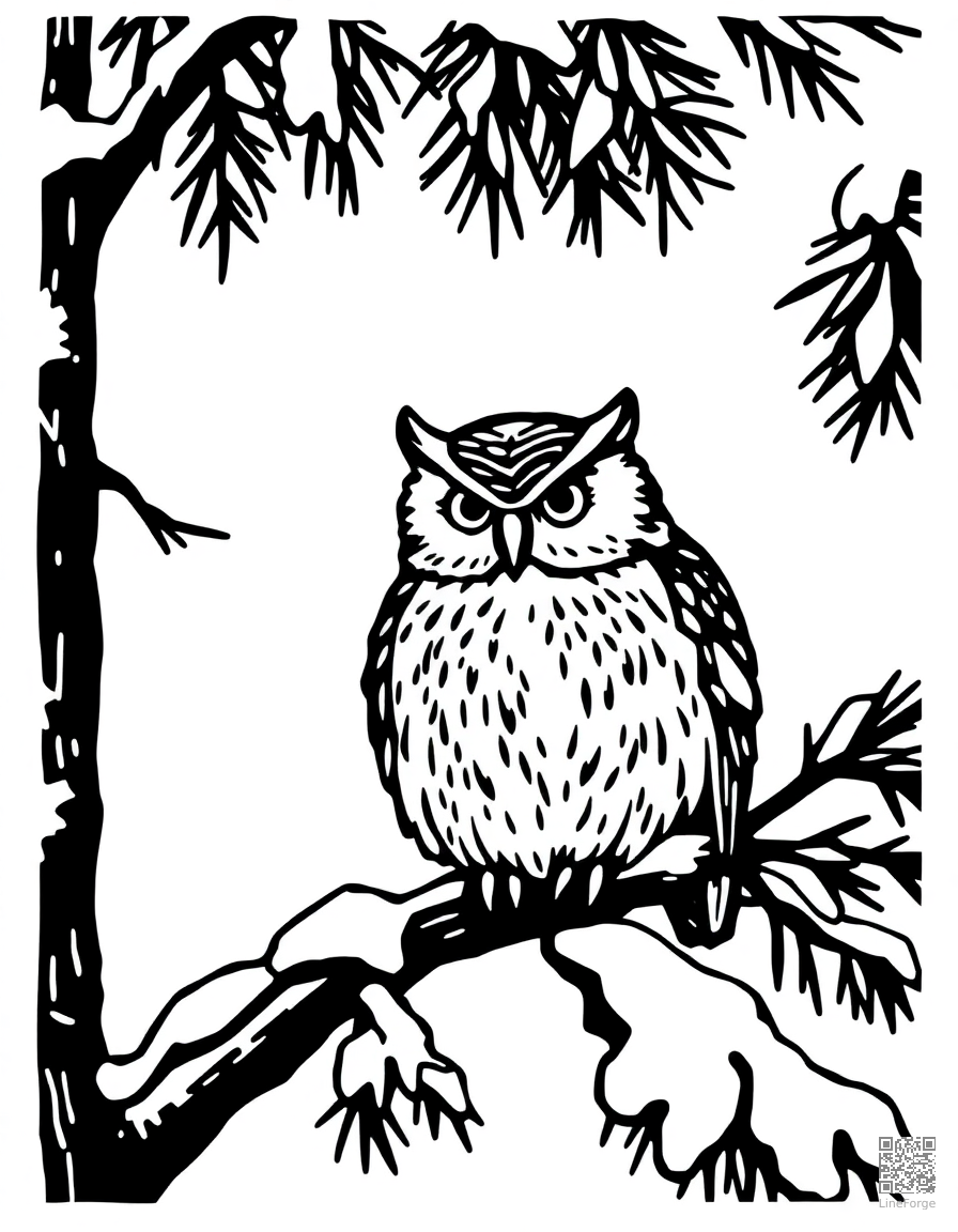 Free winter owl in a snowy pine tree coloring page in woodcut style — printable line art