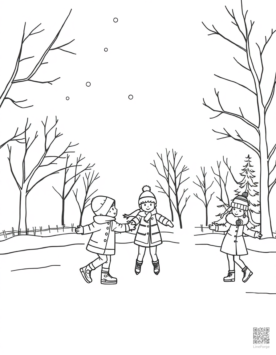 Winter scene with children ice skating coloring page Contour style free printable