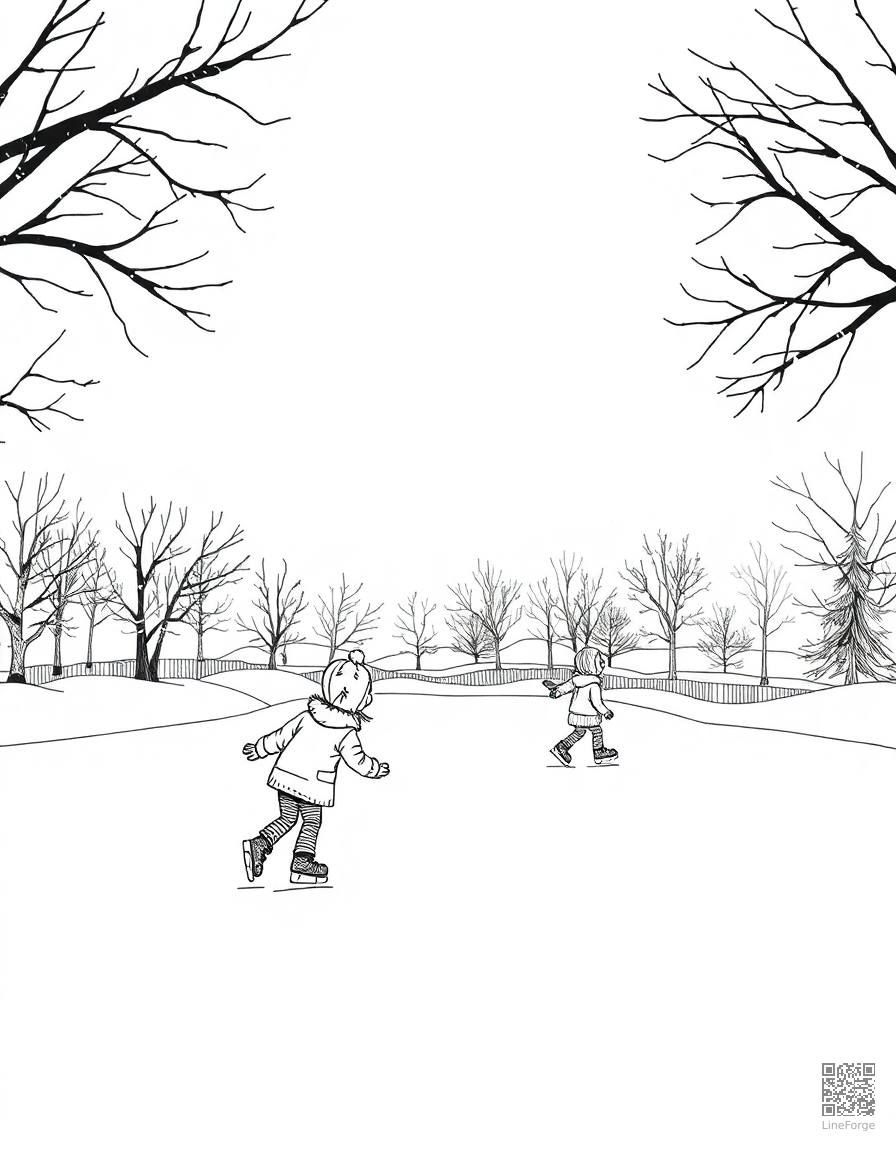 Winter scene with children ice skating coloring page Crosshatch style free printable