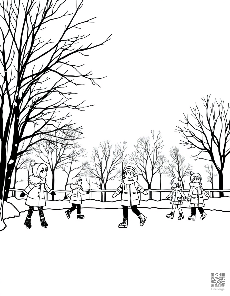 Winter scene with children ice skating coloring page Manga style free printable