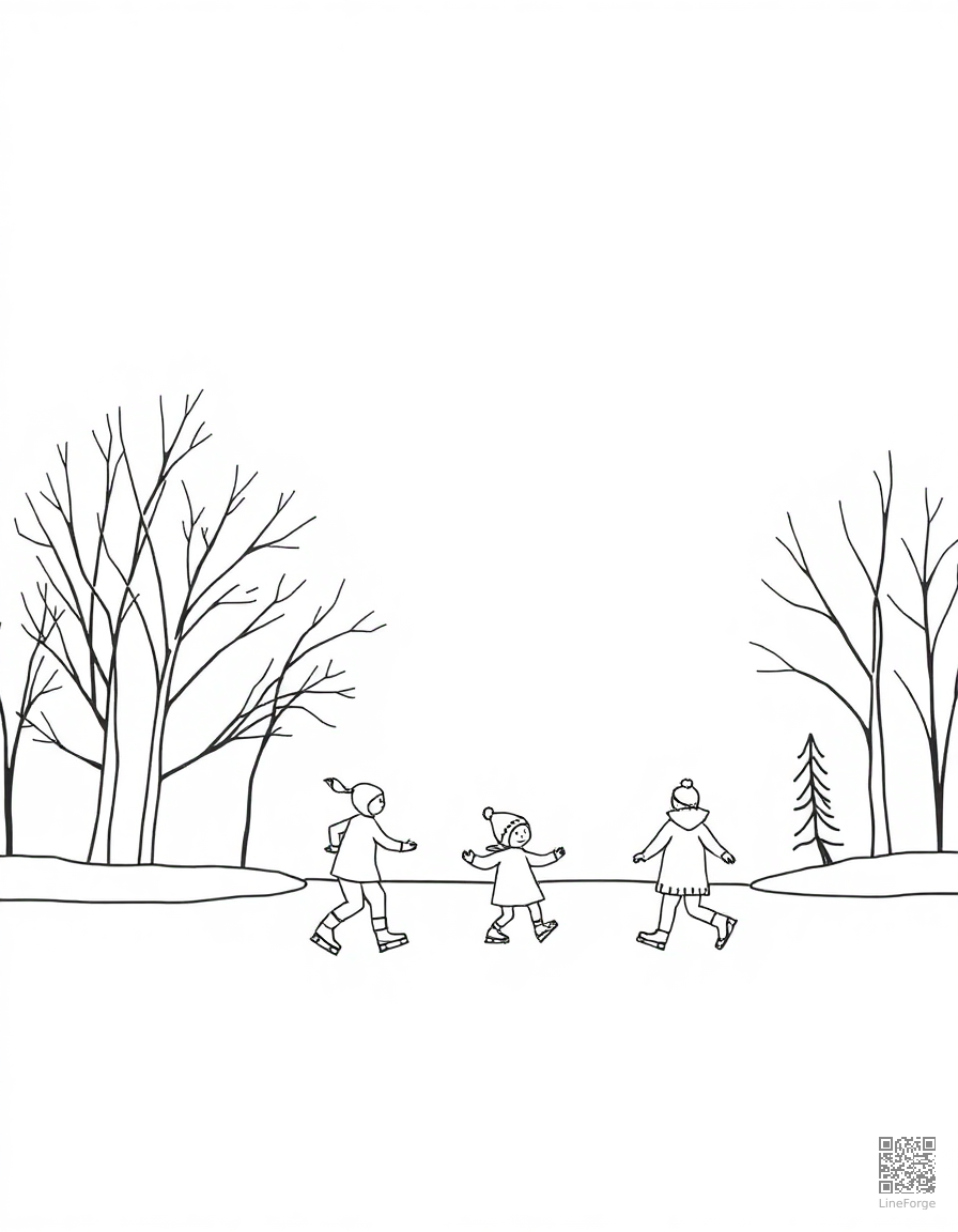 Winter scene with children ice skating coloring page Minimal style free printable