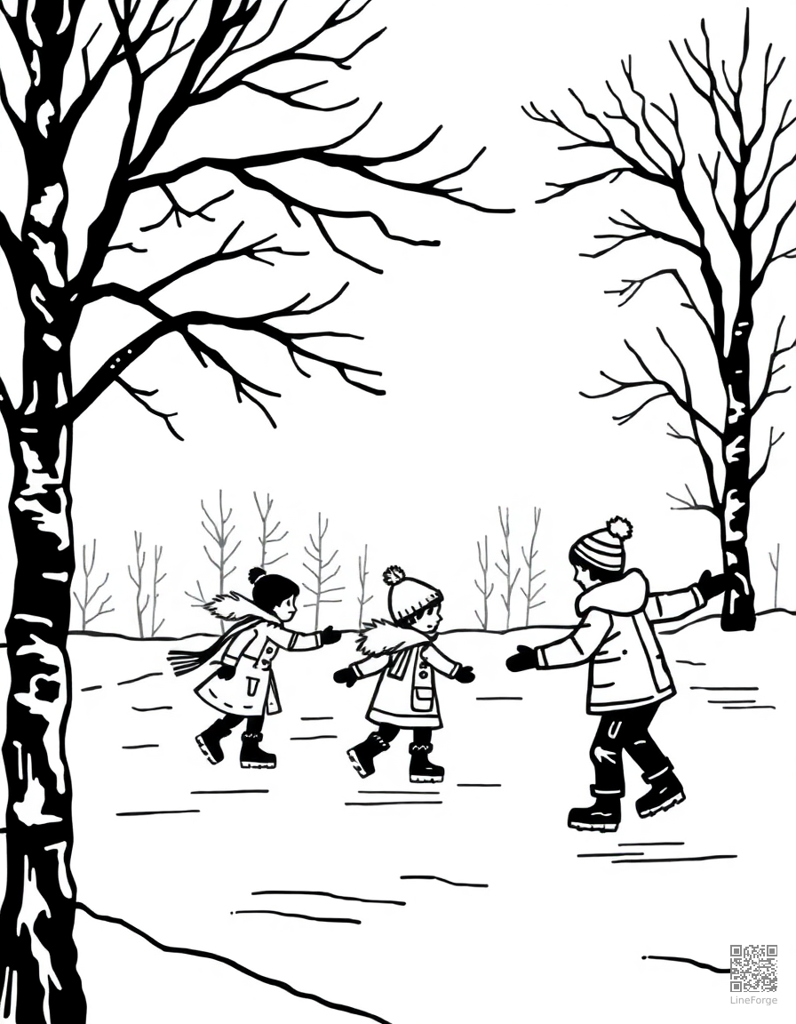 Winter scene with children ice skating coloring page Woodcut style free printable
