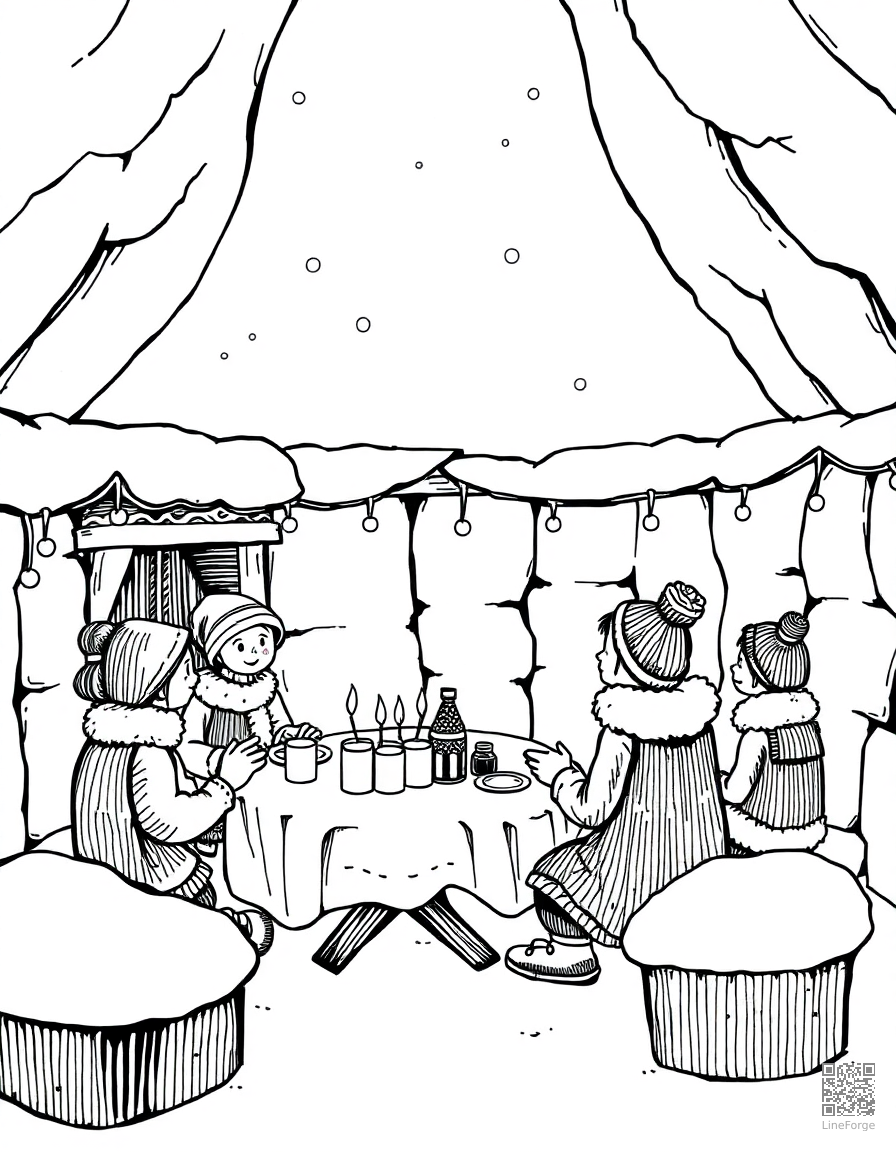 winter tea party in a snow fort coloring page Crosshatch style - free printable