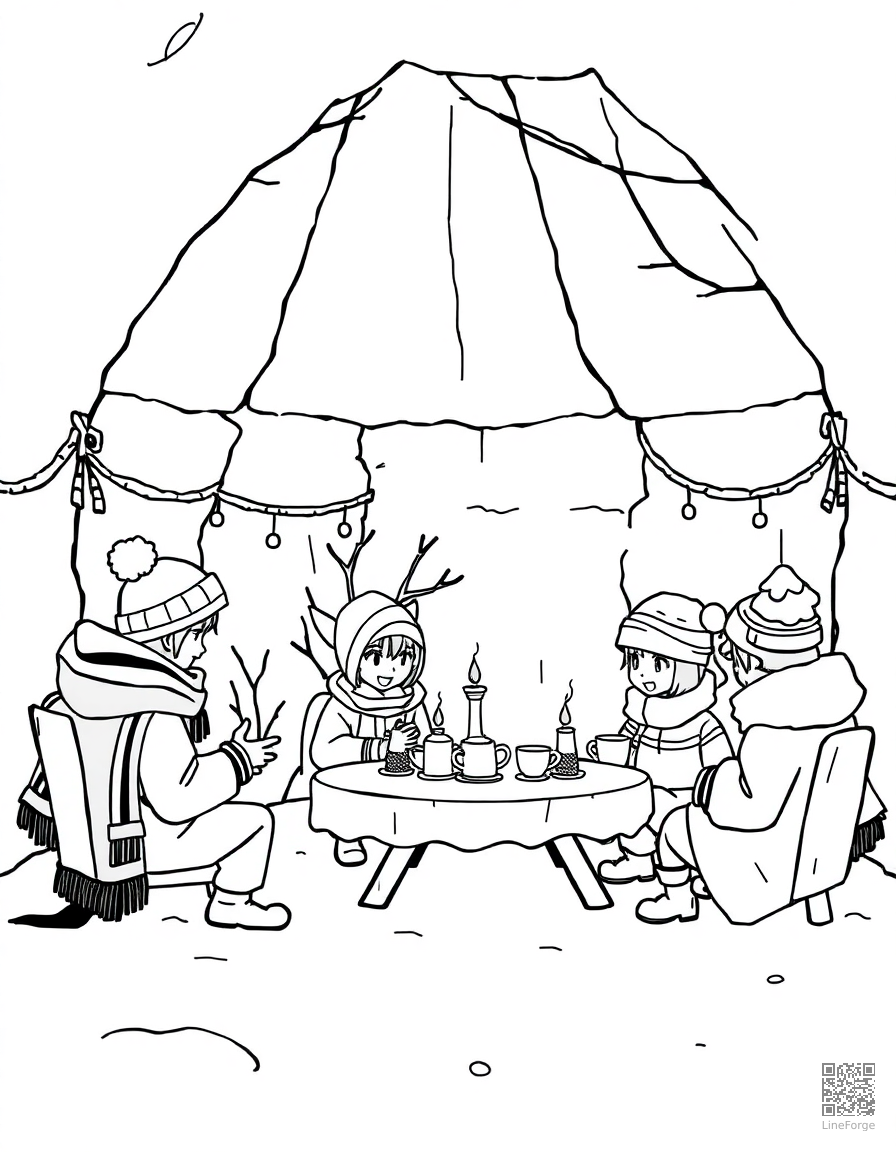 winter tea party in a snow fort coloring page Manga style - free printable