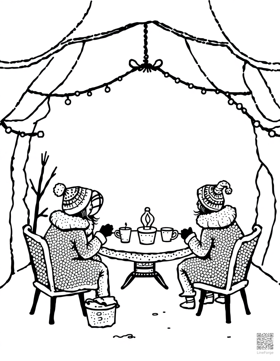 winter tea party in a snow fort coloring page Stipple style - free printable
