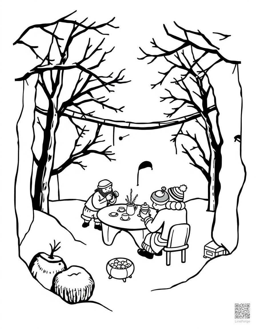 winter tea party in a snow fort coloring page Woodcut style - free printable