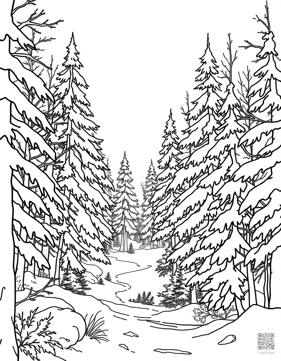 winter wonderland forest with fresh snow coloring page Contour style - free printable