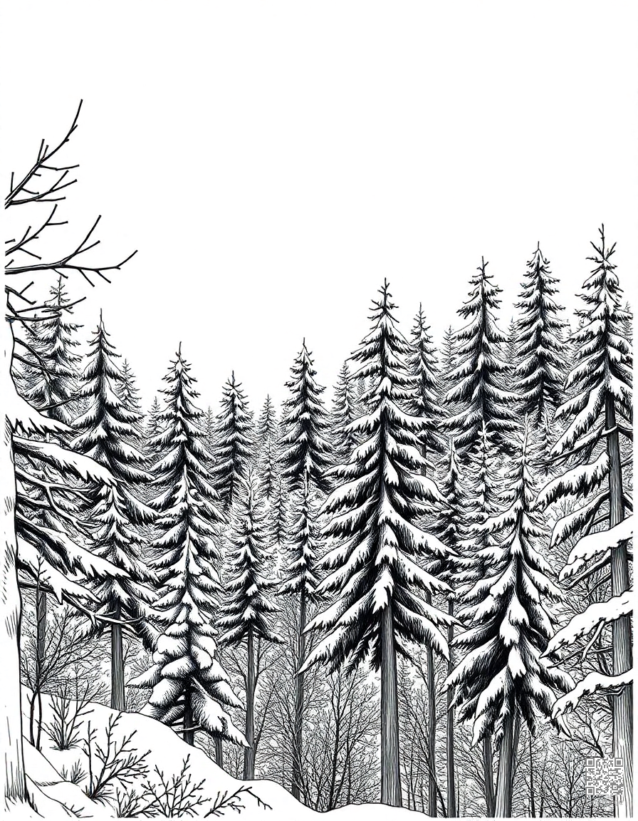 winter wonderland forest with fresh snow coloring page Crosshatch style - free printable