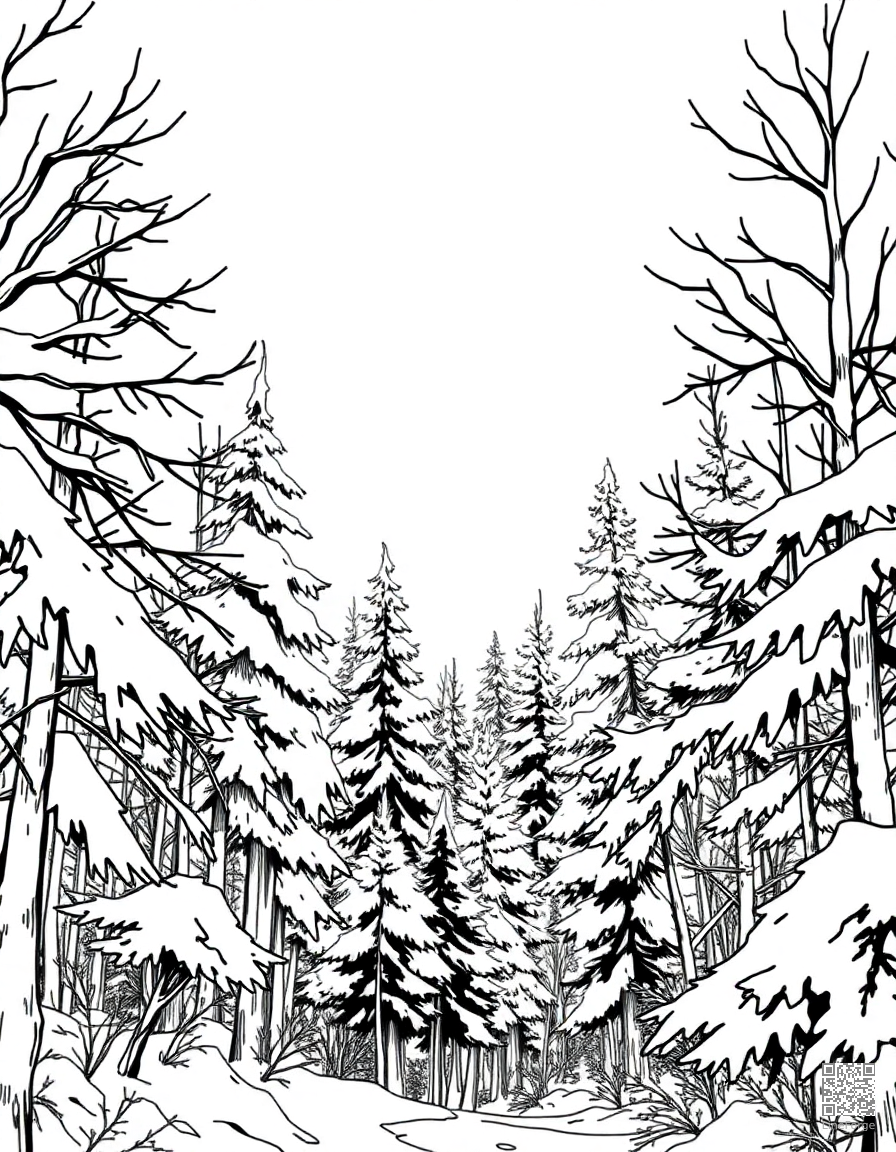 winter wonderland forest with fresh snow coloring page Manga style - free printable