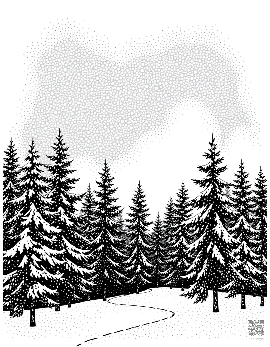 winter wonderland forest with fresh snow coloring page Stipple style - free printable