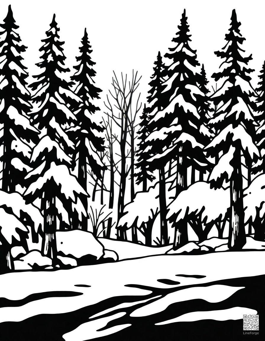 winter wonderland forest with fresh snow coloring page Woodcut style - free printable