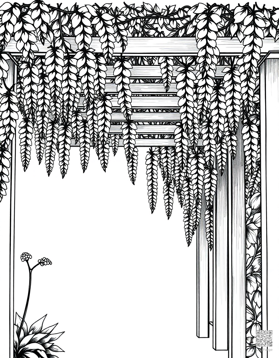 Free wisteria draped over a garden pergola coloring page in crosshatch style — printable line art