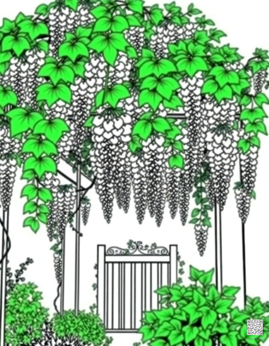 Free wisteria draped over a garden pergola coloring page in manga style — printable line art