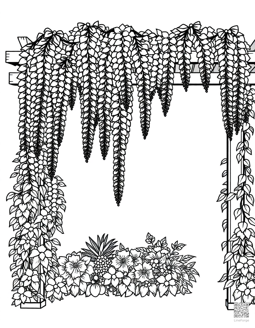 Free wisteria draped over a garden pergola coloring page in minimal style — printable line art