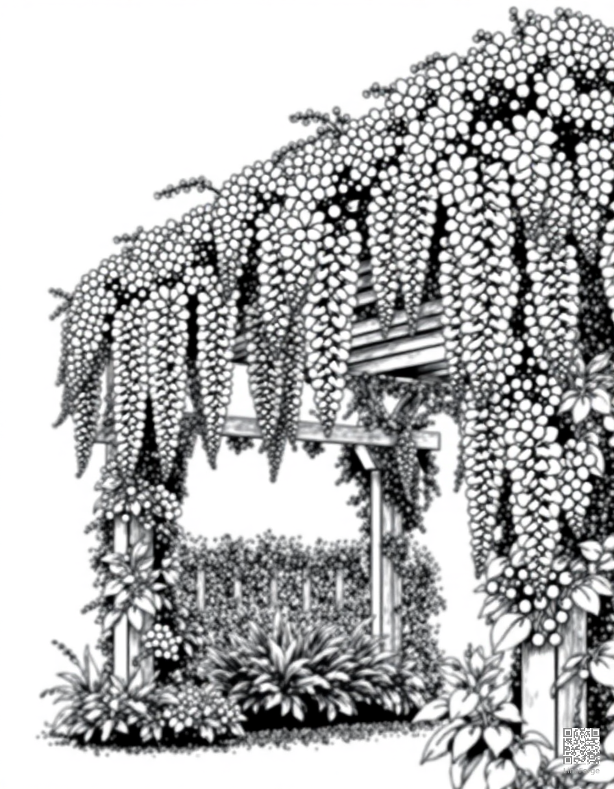 Free wisteria draped over a garden pergola coloring page in stipple style — printable line art