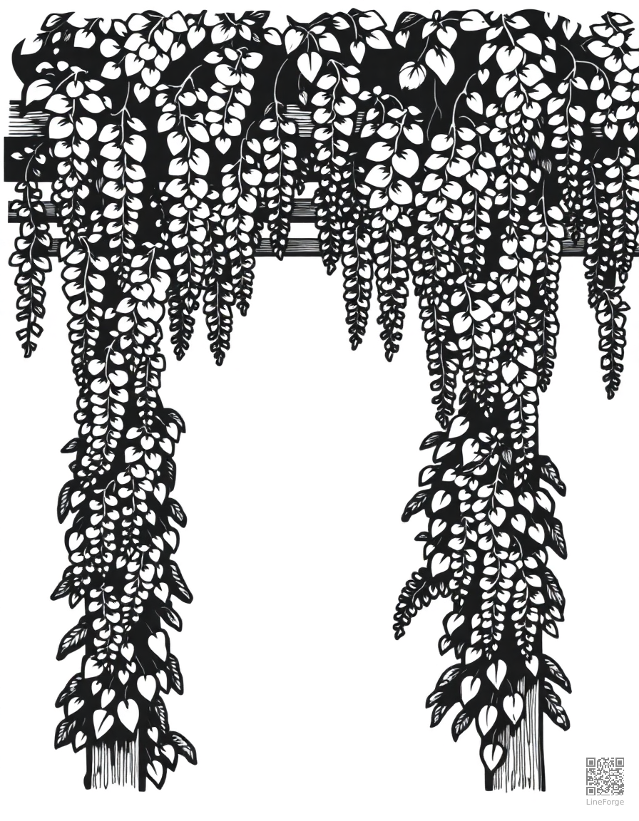 Free wisteria draped over a garden pergola coloring page in woodcut style — printable line art