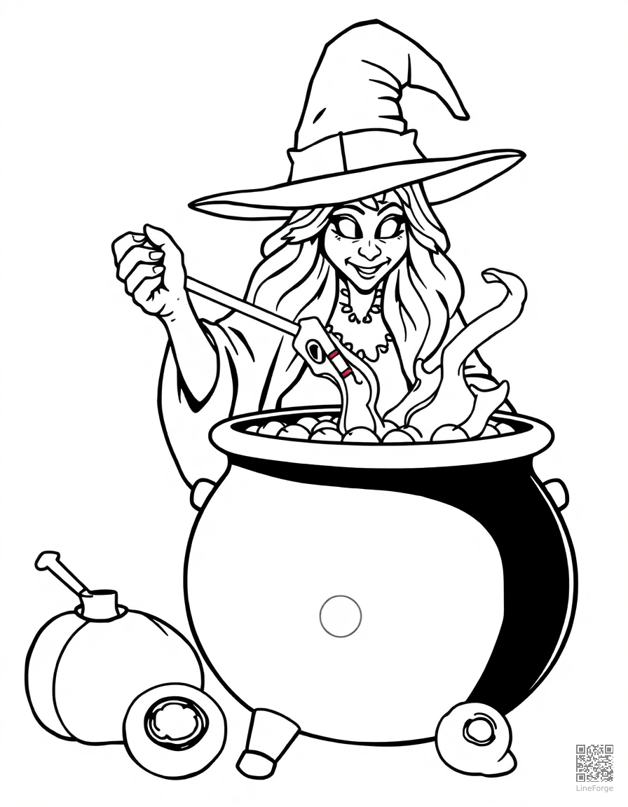 witch brewing a potion in a bubbling cauldron coloring page Contour style - free printable