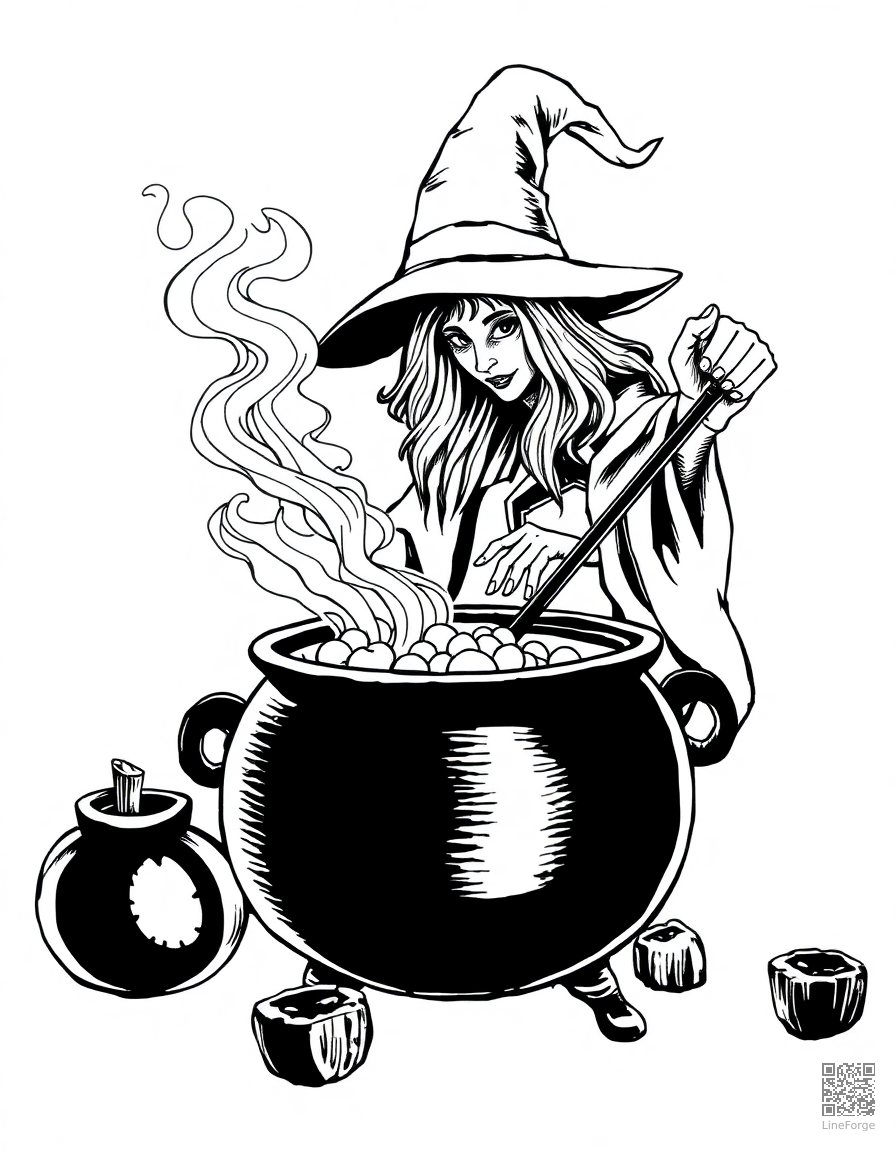 witch brewing a potion in a bubbling cauldron coloring page Crosshatch style - free printable