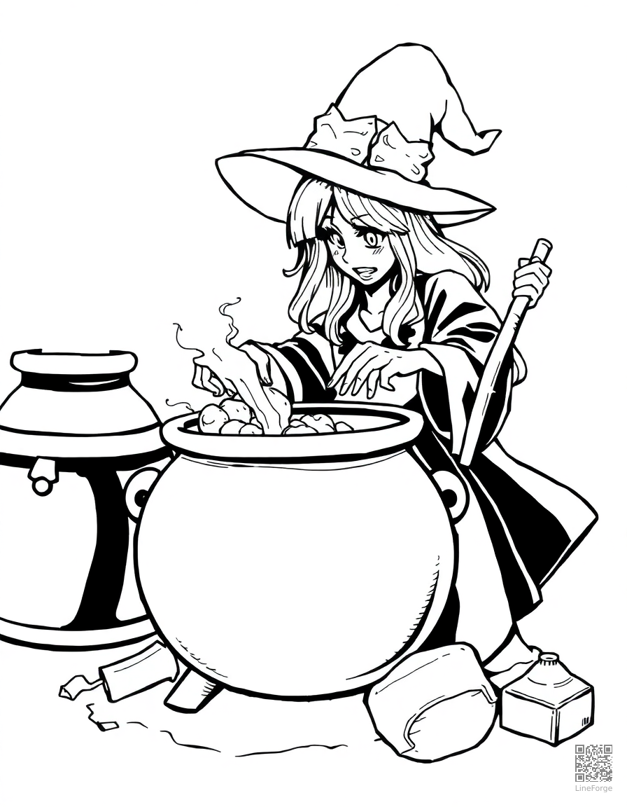 Free witch brewing a potion in a bubbling cauldron coloring page in manga style — printable line art