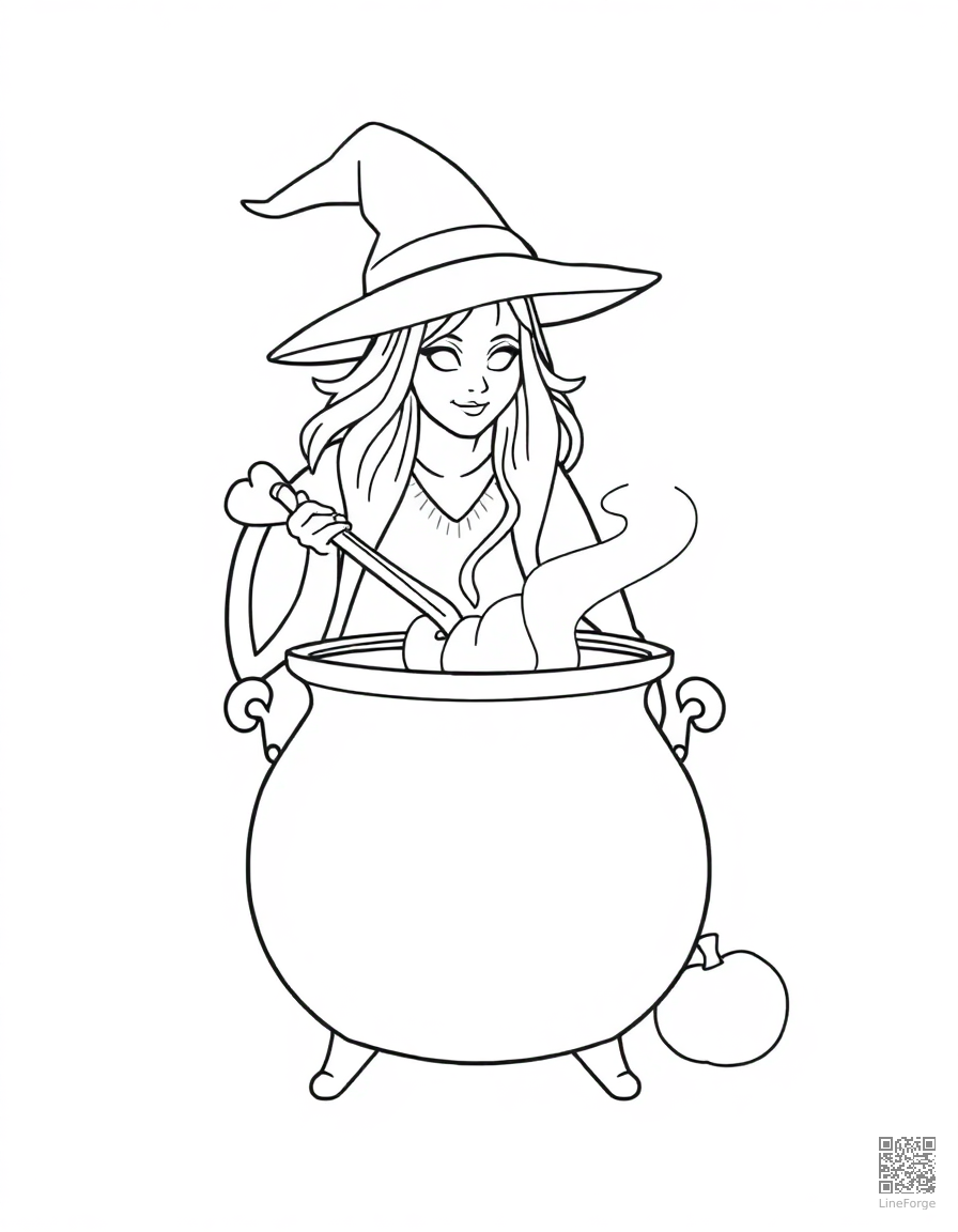 witch brewing a potion in a bubbling cauldron coloring page Minimal style - free printable