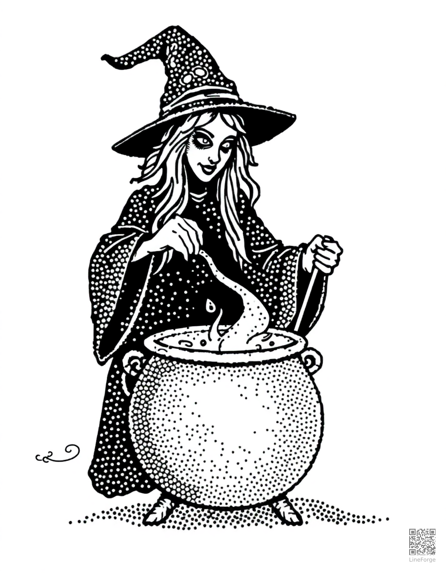 witch brewing a potion in a bubbling cauldron coloring page Stipple style - free printable