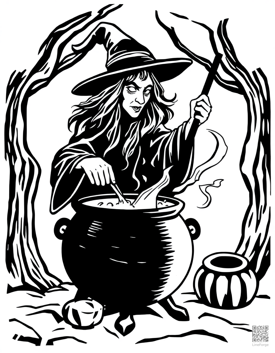 Free witch brewing a potion in a bubbling cauldron coloring page in woodcut style — printable line art