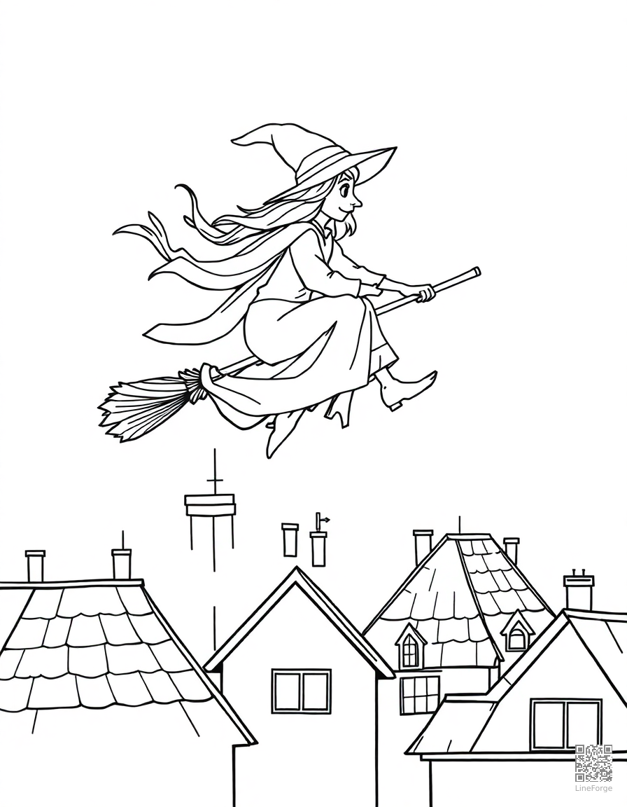 witch flying on broomstick over rooftops coloring page Contour style - free printable