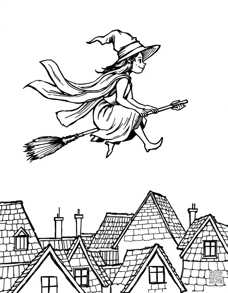 witch flying on broomstick over rooftops coloring page Crosshatch style - free printable
