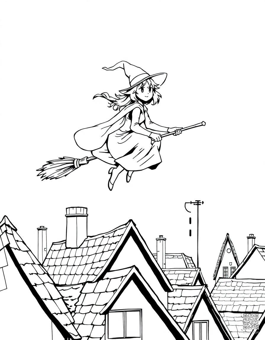 witch flying on broomstick over rooftops coloring page Manga style - free printable