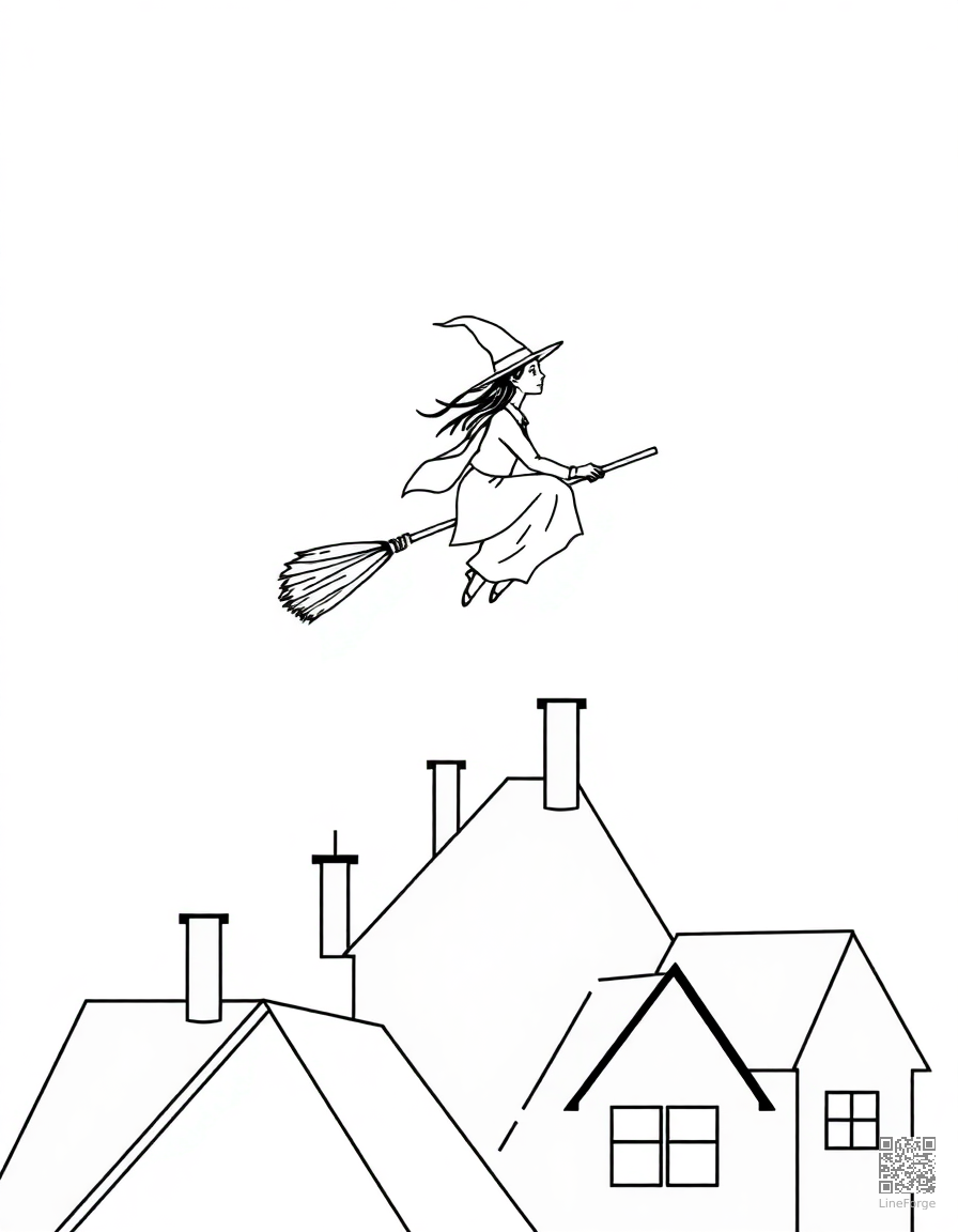 witch flying on broomstick over rooftops coloring page Minimal style - free printable