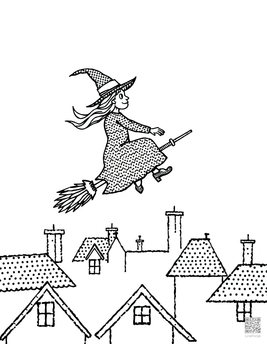 witch flying on broomstick over rooftops coloring page Stipple style - free printable