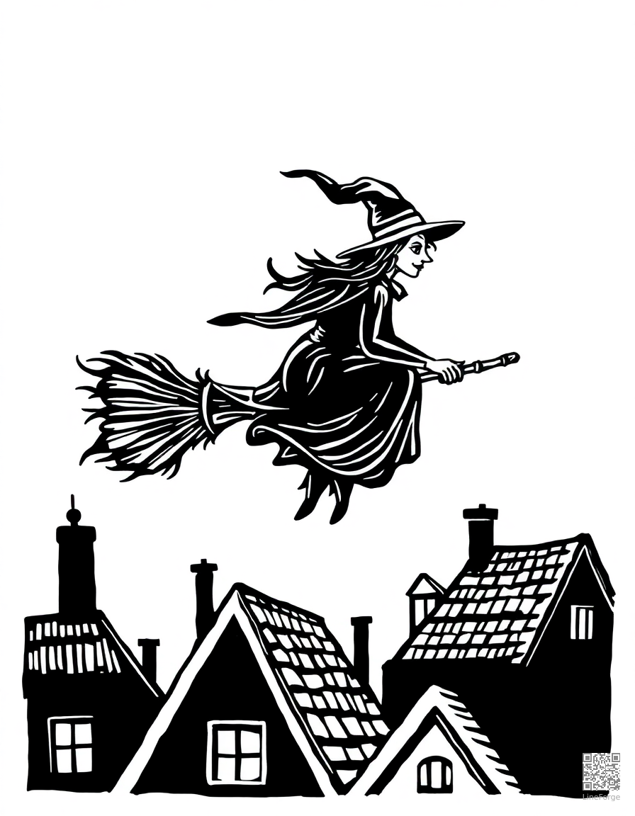 witch flying on broomstick over rooftops coloring page Woodcut style - free printable